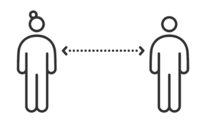 Illustration på två personer som håller avstånd med en pil emellan sig